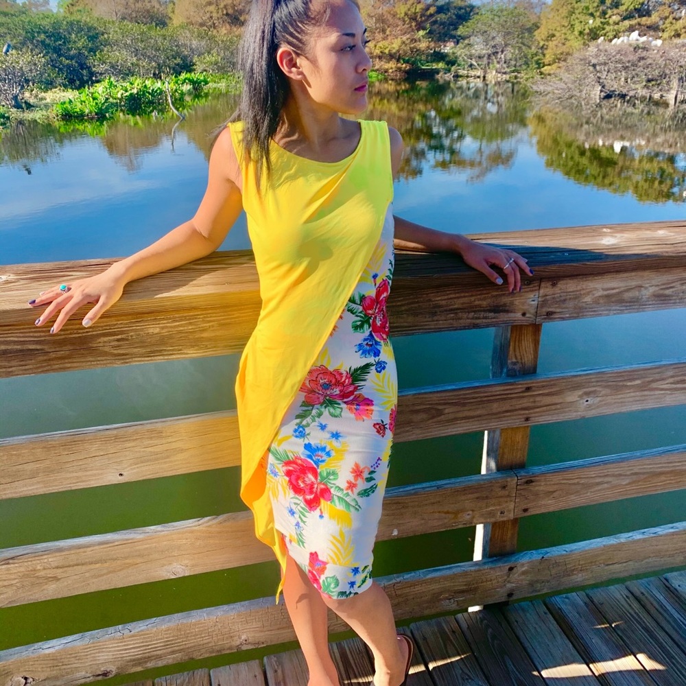 Yellow Floral Asymmetric Dress